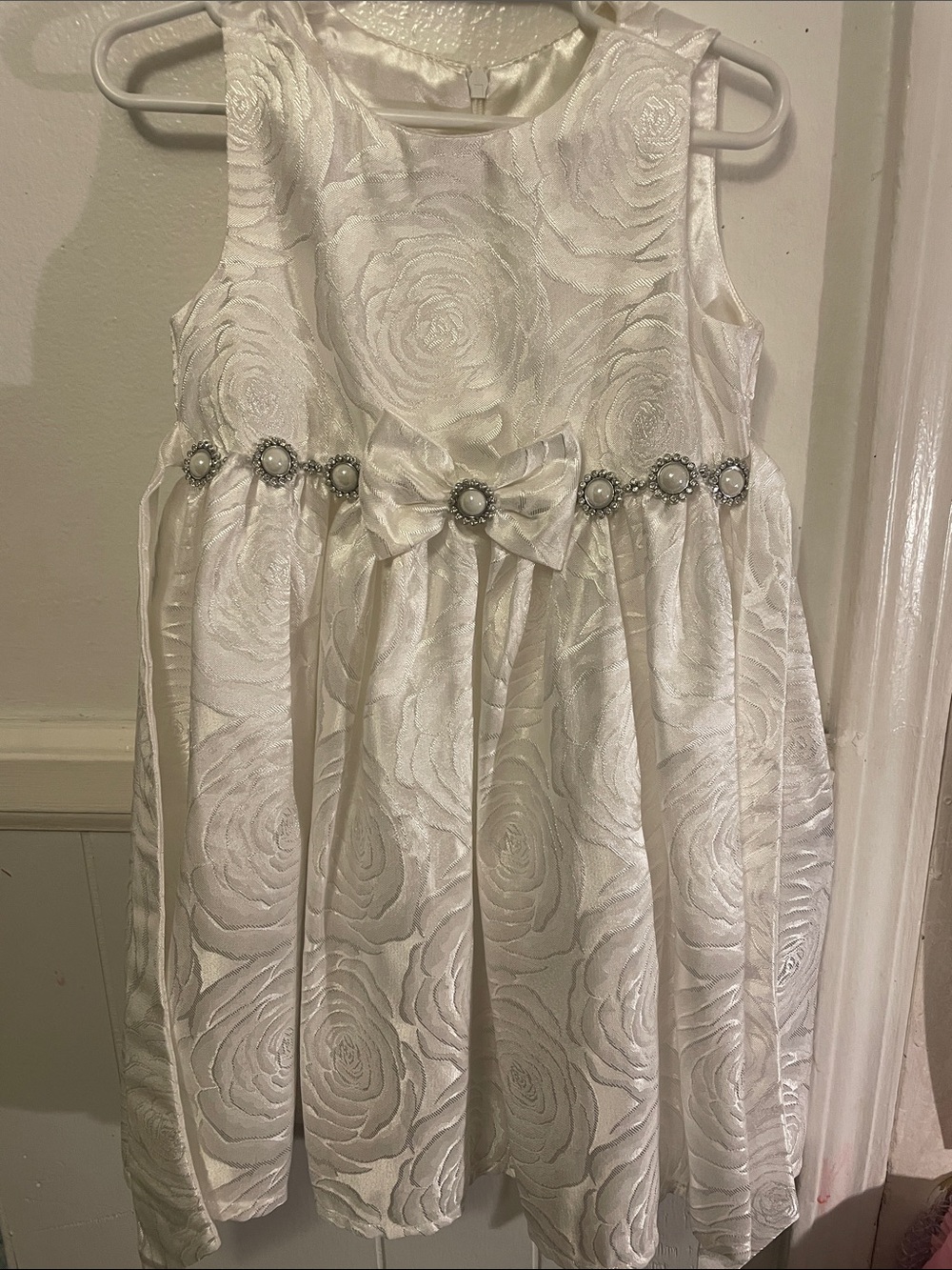 American Princess Ivory Floral Jacquard Party Dress with Pearl Belt